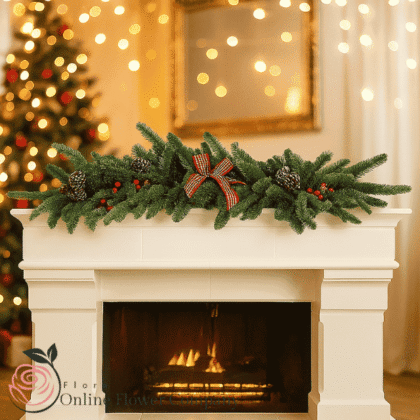 Elegant luxury Christmas garland with lush foliage and ornaments decorating a cozy fireplace. Luxury Christmas Garland for Fireplace for sale