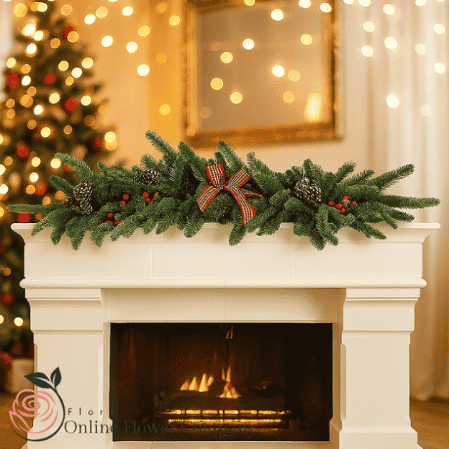 Elegant luxury Christmas garland with lush foliage and ornaments decorating a cozy fireplace. Luxury Christmas Garland for Fireplace for sale