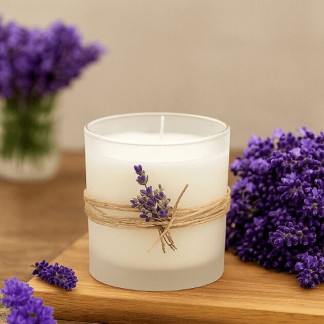 Luxury Scented Candles 1 A close-up of a premium frosted glass container holding Luxury Scented Candles, elegantly wrapped with natural twine and decorated with fresh lavender sprigs for a calming aromatic experience.