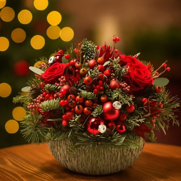 Christmas Basket Flower Arrangements 1 Festive Christmas basket flower arrangements featuring red roses, pine cones, red berries, and ornaments in a textured woven bowl, with a blurry background of golden lights. Christmas Basket Flower Arrangements For sales