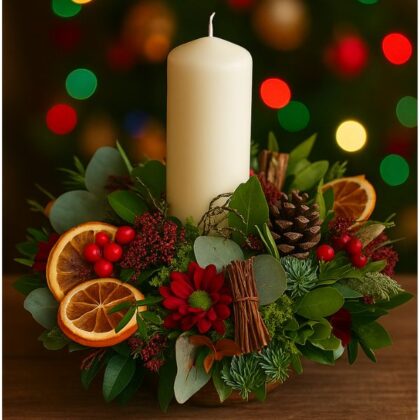 An opulent display of Luxury Christmas candle Table Arrangements, featuring tall white candle