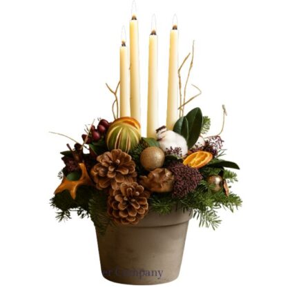 Hand-tied Luxury Flower Arrangements with Candles for Christmas, featuring white lilies, gold accents, and deep red roses.