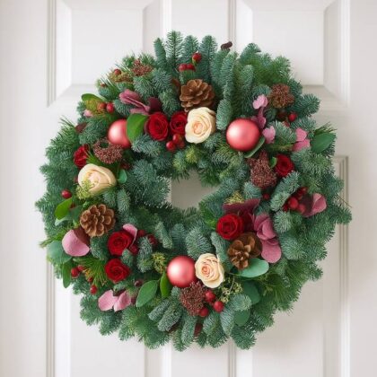 A close-up view of a fragrant and beautiful Fresh Christmas Door Wreath adorned with natural cedar, holly berries, and a plaid bow.