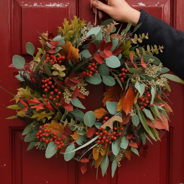 Oak and Eucalyptus autumn door wreath 1 A detailed view of a lush, rustic oak and eucoliptus autumn door wreath with realistic green-to-brown foliage and small white berries.