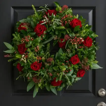 A luxurious and vibrant Red Rose Christmas Door Wreath adorned with deep crimson roses, pine foliage, and shimmering gold accents, displayed on a classic wooden door.
