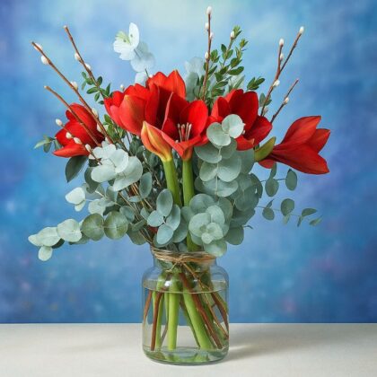 A glass vase containing striking red Amaryllis cut flowers, eucalyptus, and willow sticks against a festive blue bokeh background. Red amaryllis flowers Bouquet for sale