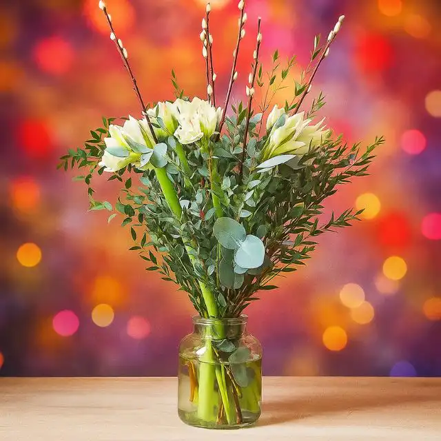 White Amaryllis Bouquet with vase 1 A beautiful white flower arrangements for Christmas featuring Amaryllis blooms, green eucalyptus, and natural willow sticks in a clear glass vase. White Amaryllis Bouquet for sale