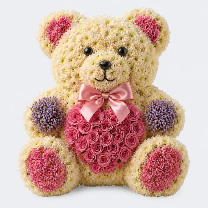 White and Red Teddy Bear Floral Funeral Tribute 1 Teddy Bear Flowers for Funeral