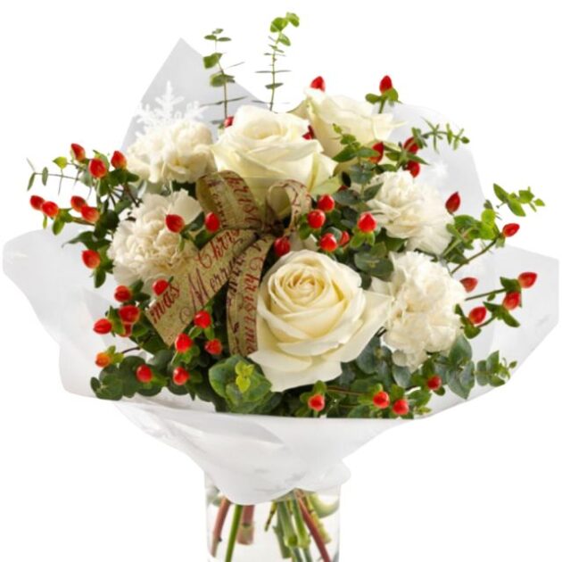 Perfect Christmas Bouquet 1 Elegant white roses and carnations in a hand-tied bouquet with vibrant red winter berries, eucalyptus, and a festive "Merry Christmas" ribbon, wrapped in white paper. Buy Perfect Christmas Bouquet Next day Delivery