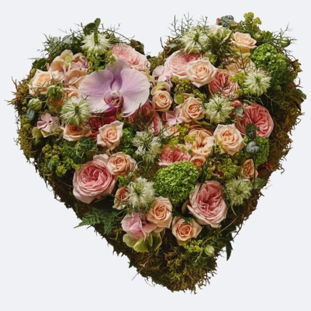 Soft Pink Rose Heart Funeral Tribute 1 Rose Heart Funeral Flowers - Soft pink and ivory roses arranged in a heart-shaped sympathy tribute resting on a bed of green moss.