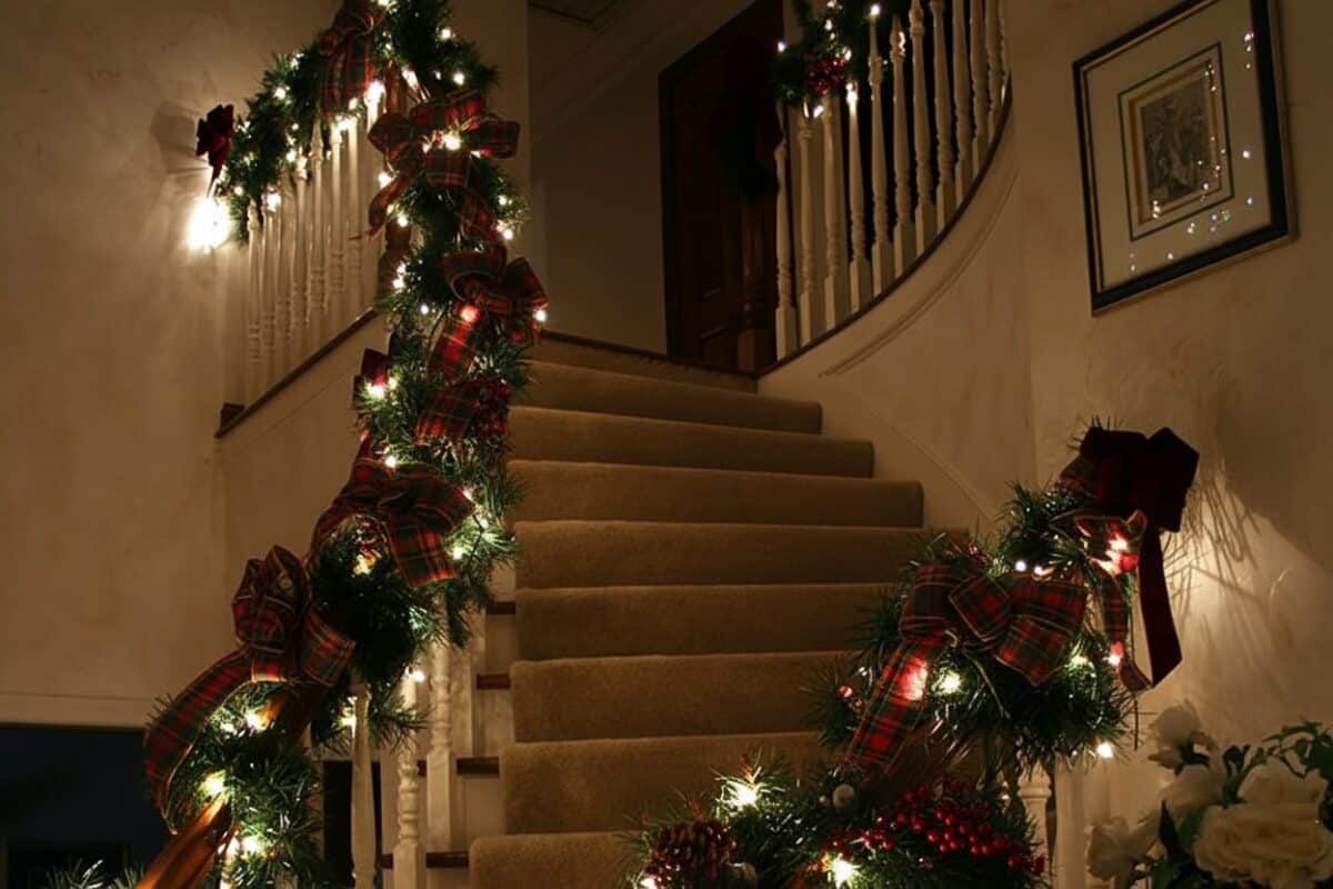 Staircase decorated for Christmas