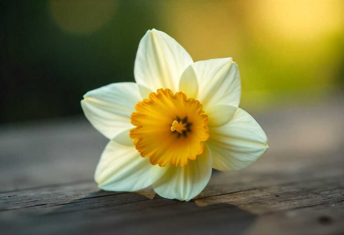 December Birth Flower:The Beauty of Narcissus and Poinsettia 1 A beautiful, single white and yellow Narcissus (Daffodil) bloom resting on a wooden surface, representing the cheerful December Birth Flower.