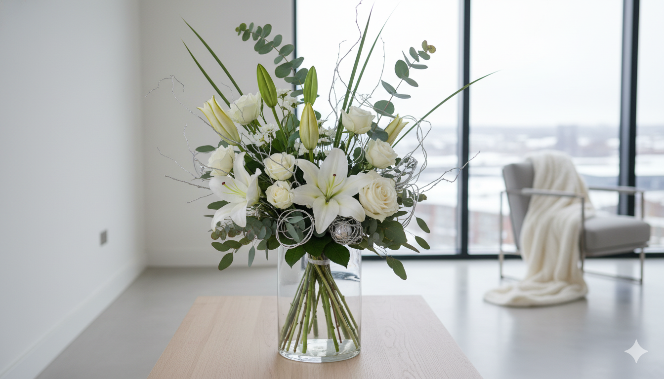 White winter flower arrangement with lilies and eucalyptus Glasgow