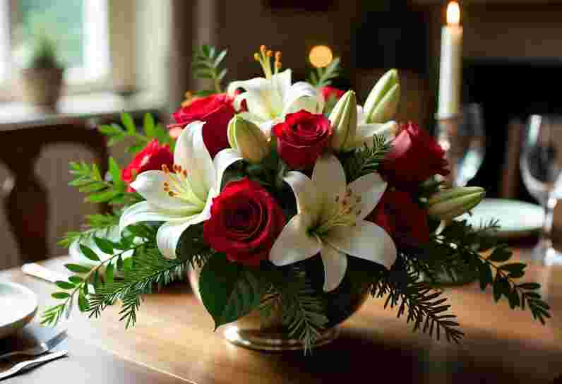 A festive table centerpiece with deep red roses, white lilies, and pine foliage, perfect as Christmas Flower Arrangements Bristol homes.