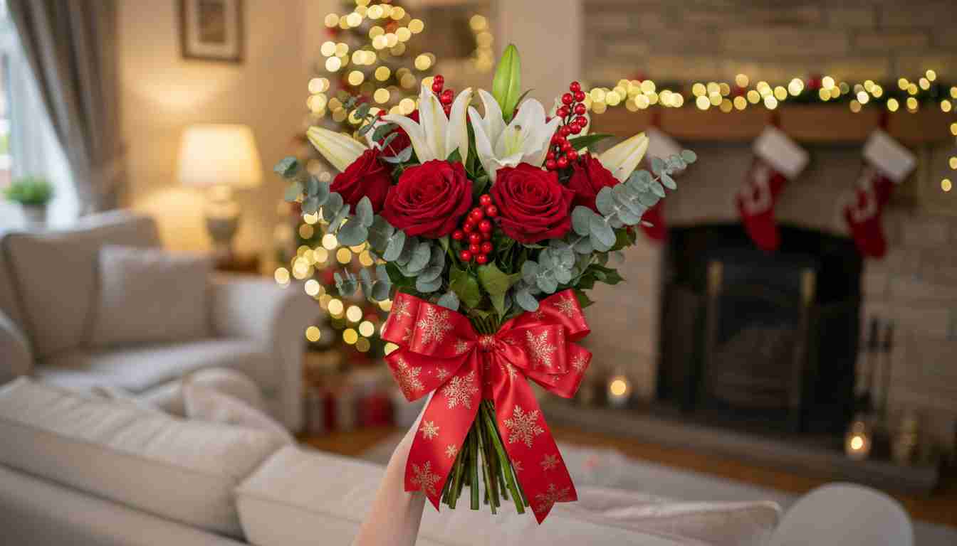 Christmas Flower Delivery Leeds – Festive Gifting 3 A hand holds a festive bouquet of red roses, white lilies, and berries tied with a snowflake ribbon, available for Christmas Flower Delivery Leeds.