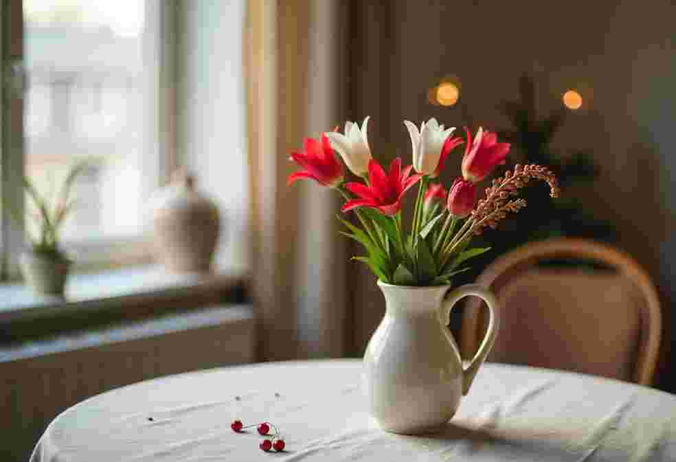 A rustic white jug filled with red and white tulips and winter foliage, a subtle option for Christmas Flower Arrangements Bristol home decor.
