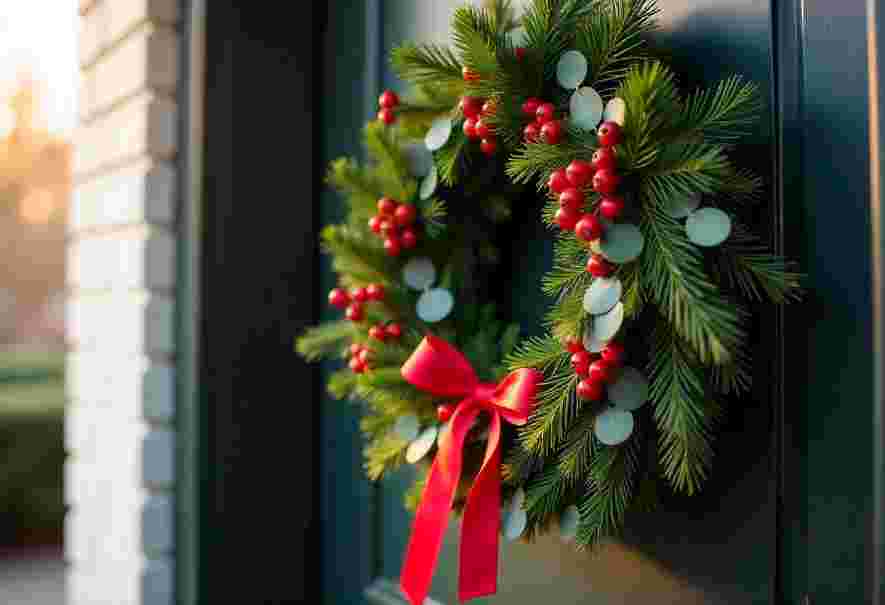 A traditional evergreen Christmas wreath decorated with bright red berries and a large red bow, a popular item for Christmas Flower Arrangements Bristol.