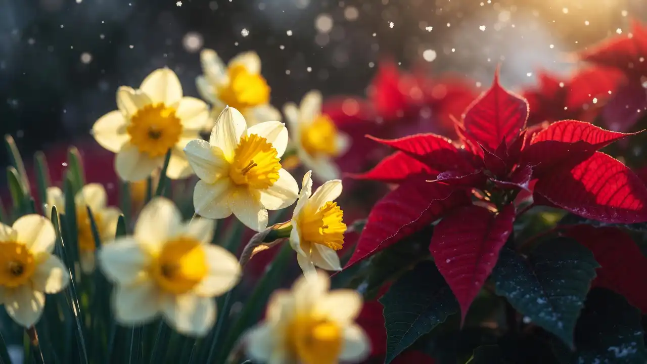 December birth flower featuring vibrant narcissus and poinsettia blooms with fresh petals and green leaves