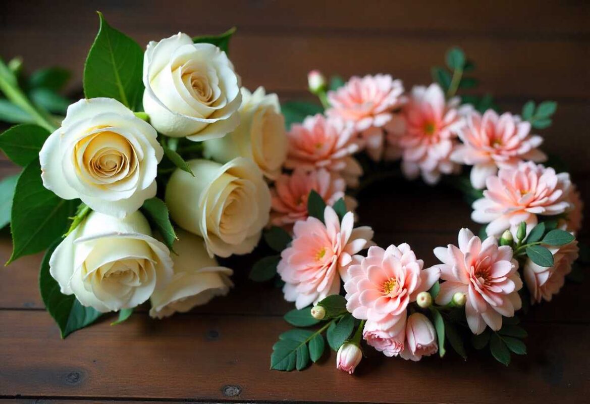 Specialized shapes like this lovely pink flower wreath and complementary rose bouquet are thoughtful Memorial Service Flower Arrangements. These bespoke pieces offer a personalized way to honor a loved one, ensuring the tribute reflects the significance of the individual.