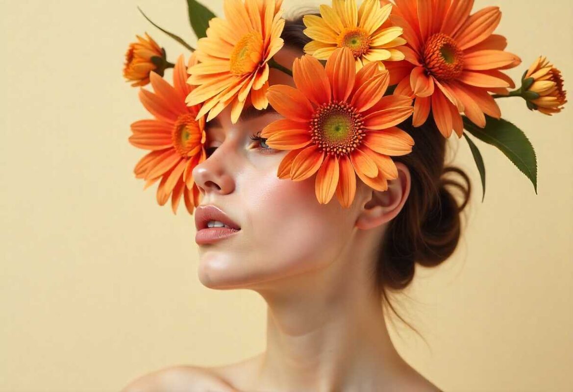 Birth Flowers for Every Month – Complete Guide for London 4 A striking profile of a woman adorned with orange Gerbera daisies, representing the seasonal Birth Flowers for Every Month from October to December.