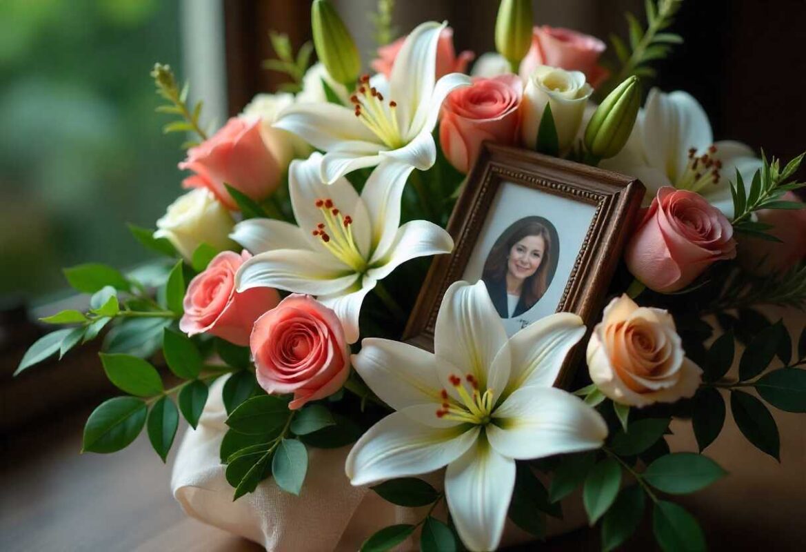A personalized floral tribute featuring a framed photo placed within an arrangement of white lilies and peach roses, ideal for Memorial Service Flower Arrangements.