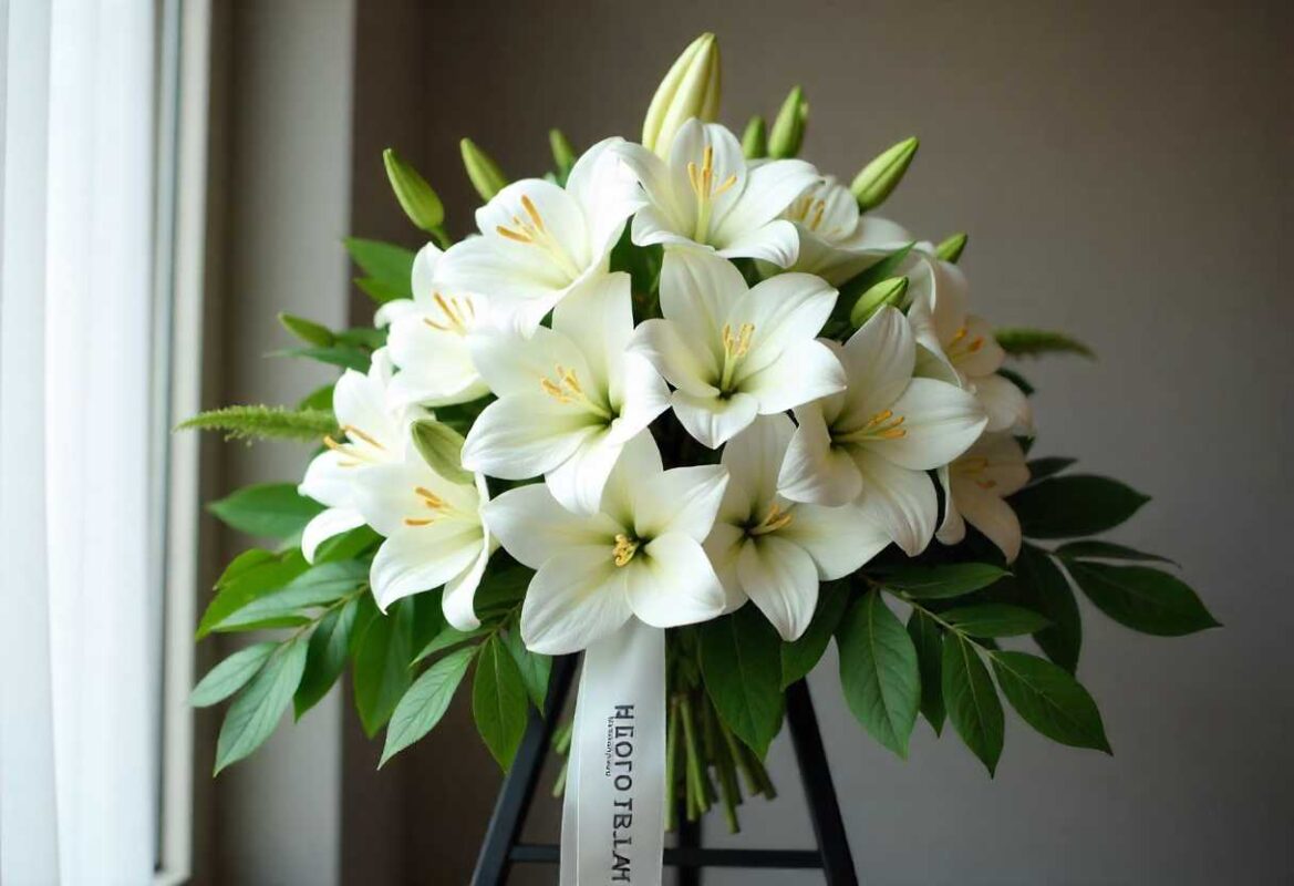 A large, beautiful standing spray of white lilies and green foliage on an easel, a traditional choice for Memorial Service Flower Arrangements.