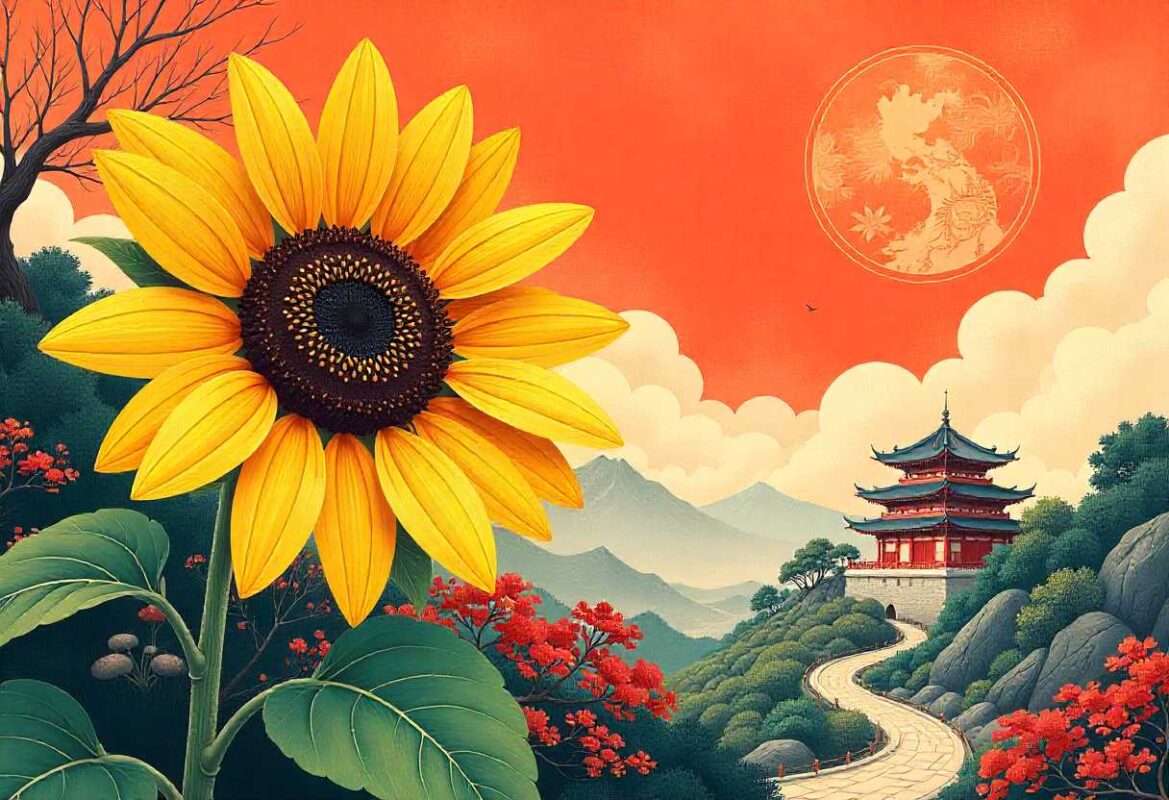 Sunflower Meaning - Love and Loyalty 3 A large, vibrant sunflower in a traditional Chinese landscape with a pagoda, mountains, and a moon, highlighting the cultural Sunflower Meaning.