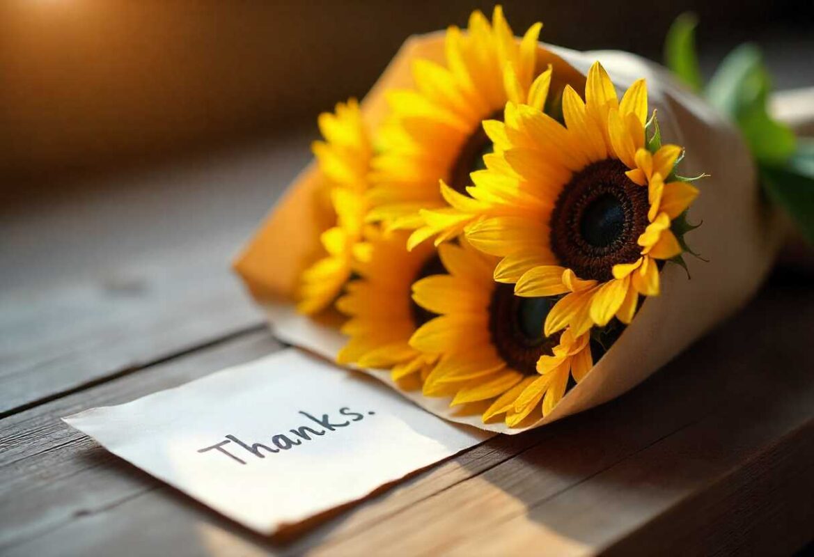 Sunflower Meaning - Love and Loyalty 2 A rustic bouquet of three large, bright yellow sunflowers wrapped in craft paper, placed next to a card that simply says "Thanks," reinforcing the Sunflower Meaning of gratitude.