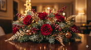A lavish bouquet of red roses, white accents, and winter foliage resting on a foggy Glasgow doorstep, highlighting Luxury Christmas Flowers Glasgow delivery service.