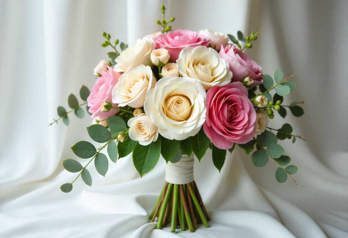 A bride in a white dress holds a beautiful, freshly arranged bridal bouquet of peach and cream roses, illustrating the result of How to Make Your Own Flower Wedding Bouquet.