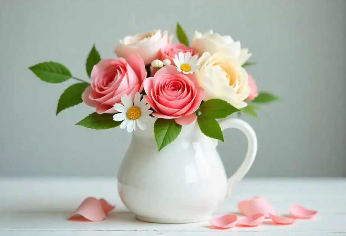 Realistic handmade artificial flower arrangement with roses and peonies in white vase on rustic table