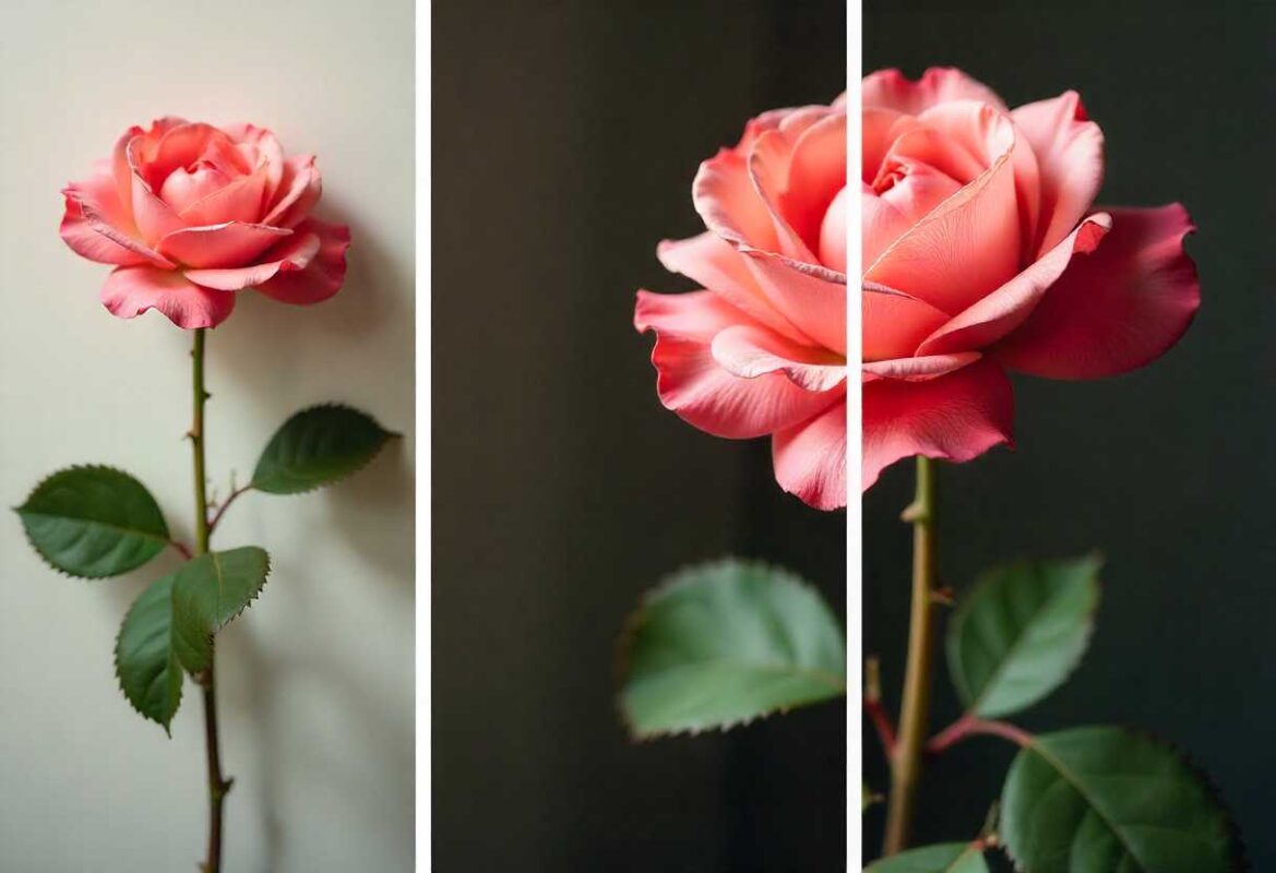 Three stage process showing how to assemble artificial rose from wire stem to finished flower