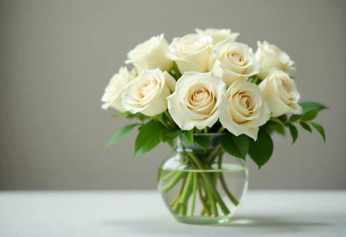 A sympathy arrangement of white roses representing comfort, peace, and remembrance.