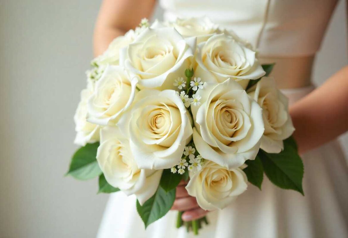 A realistic bridal bouquet of white roses symbolizing purity and new beginnings.
