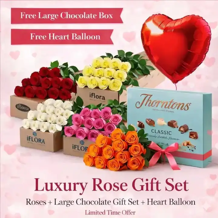Rose Gift Set with 12 Premium Roses, Free Chocolate & Balloons 1 Luxrury rose gift set with large chocolate box and balloon