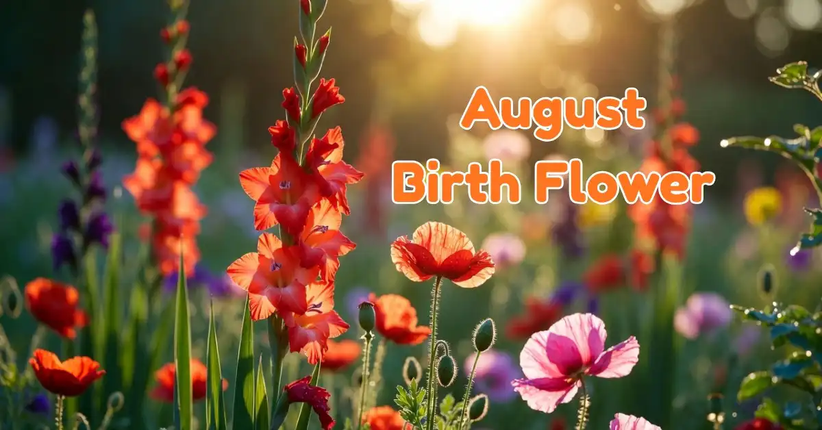 Blog 24 Tall colorful gladiolus stalks and vibrant poppies representing the primary August birth flowers in a sunny field.