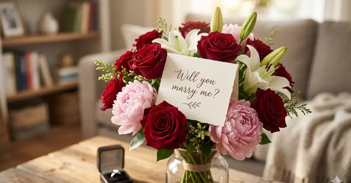 Red roses peonies lilies with handwritten proposal message card