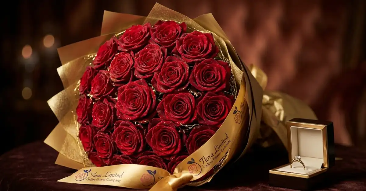 25 red roses romantic proposal bouquet ring engagement UK